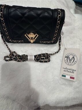 Valentino Orlandi Black Quilted Shoulder Bag with Gold Chain